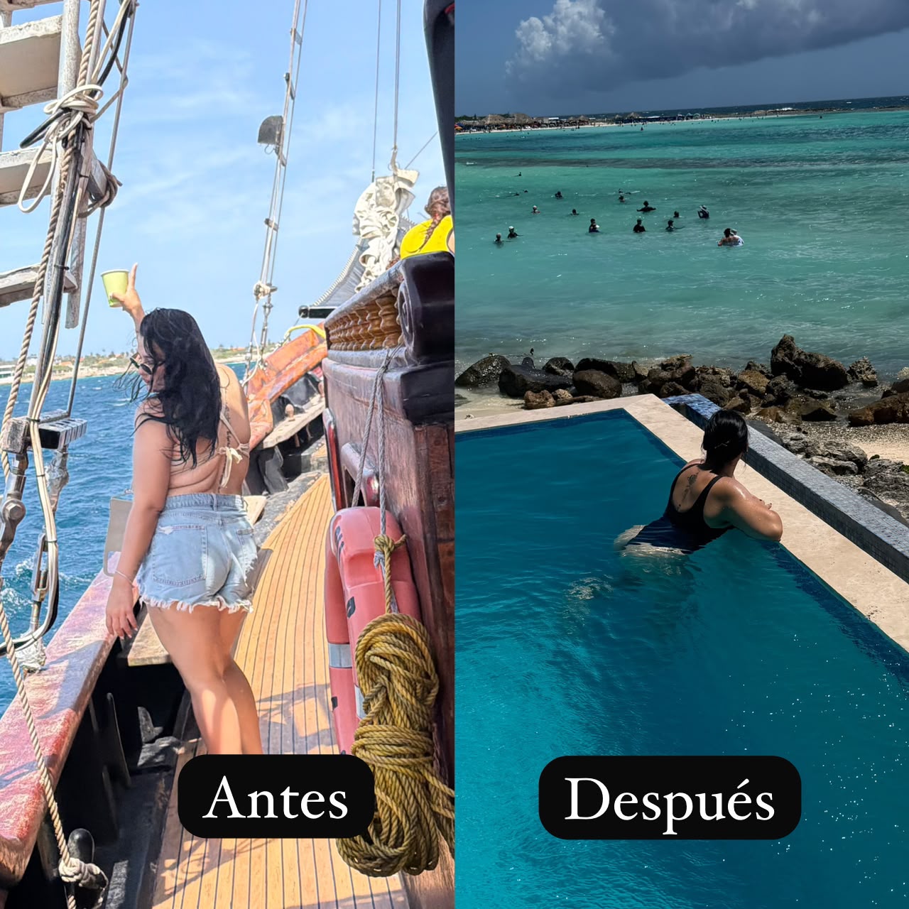 Antes y después de una alumna de The After: una foto en un velero y otra en una alberca frente al mar