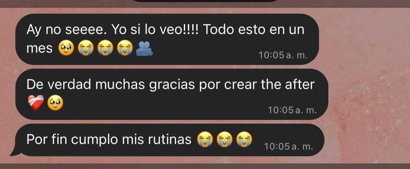 Mensaje de una alumna agradeciendo por crear The After y por fin cumplir sus rutinas