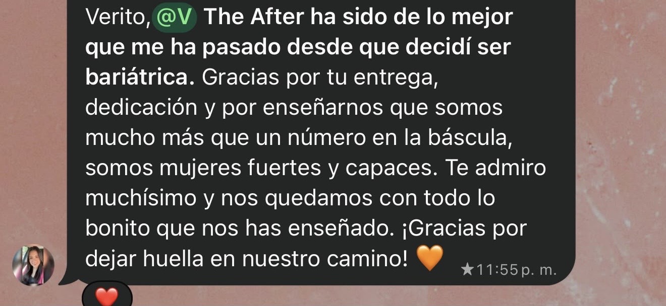 Mensaje de una alumna agradeciendo a Verito por enseñarle que es mucho más que un número en la báscula