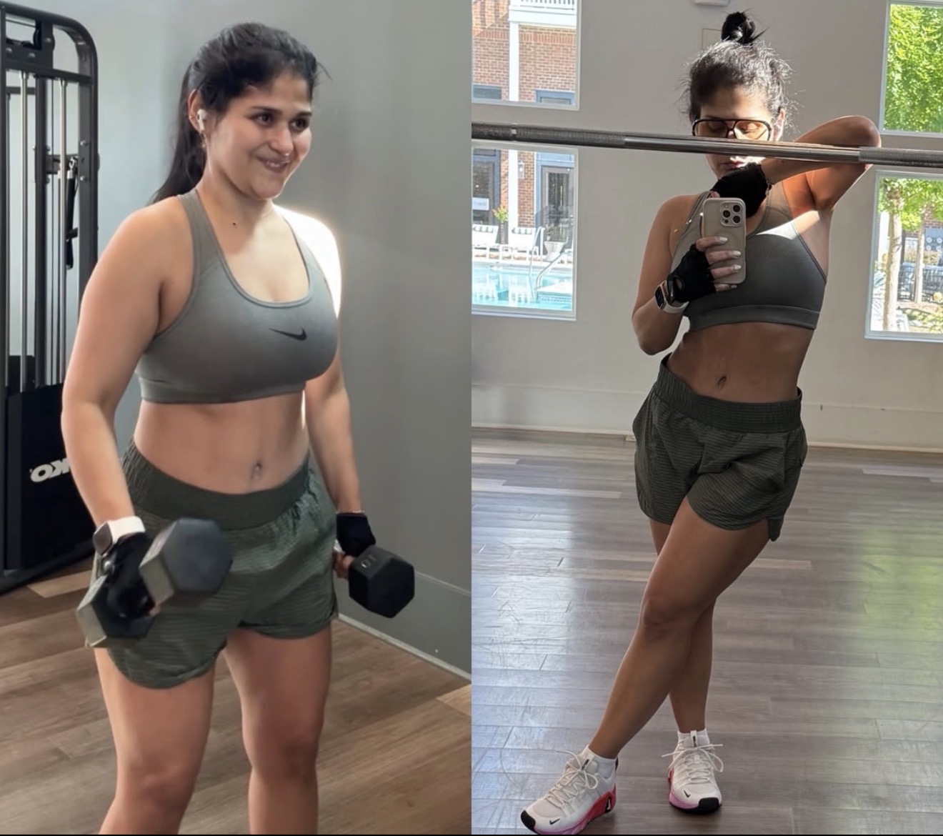 Antes y después de una alumna de The After en el gimnasio: con mancuernas en mano y en un selfie frente al espejo